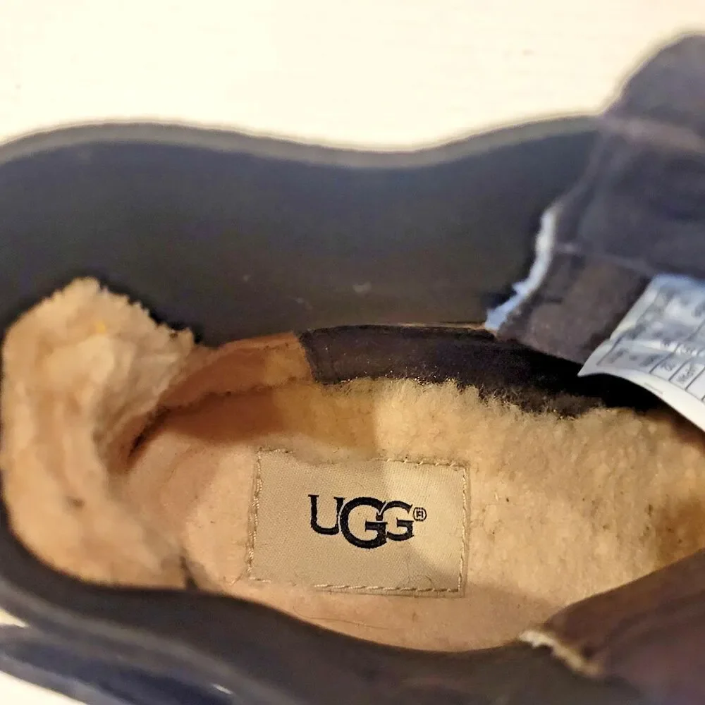 UGG Indra Black Leather Waterproof Wedge Ankle Boots Booties Womens 5 Buckle
